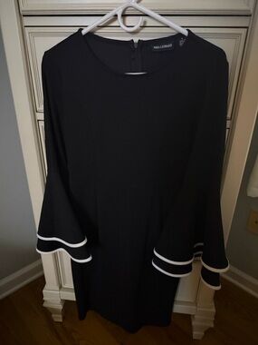 Nina Leonard Black Dress with White Trim Bell Sleeves